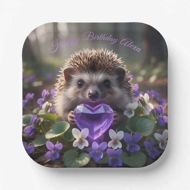 Niedlicher Februar-Igel mit Amethyst-Herz Pappteller (Vorderseite)