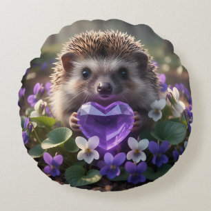 Niedlicher Februar-Igel mit Amethyst-Herz Rundes Kissen
