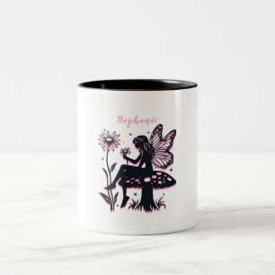 Niedlicher Feenpilz und Blumen Schwarz & Rosa Zweifarbige Tasse