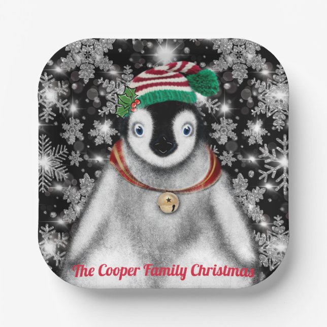 Niedlicher Feiertag Pinguin Glitzer Schneeflocken Pappteller (Vorderseite)