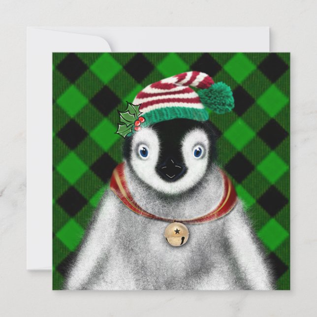Niedlicher Feiertag Pinguin grün kariert Einladung (Vorderseite)