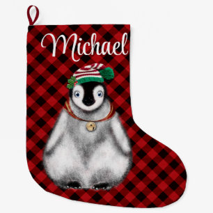 Niedlicher Feiertag Pinguin Rot kariert Großer Weihnachtsstrumpf