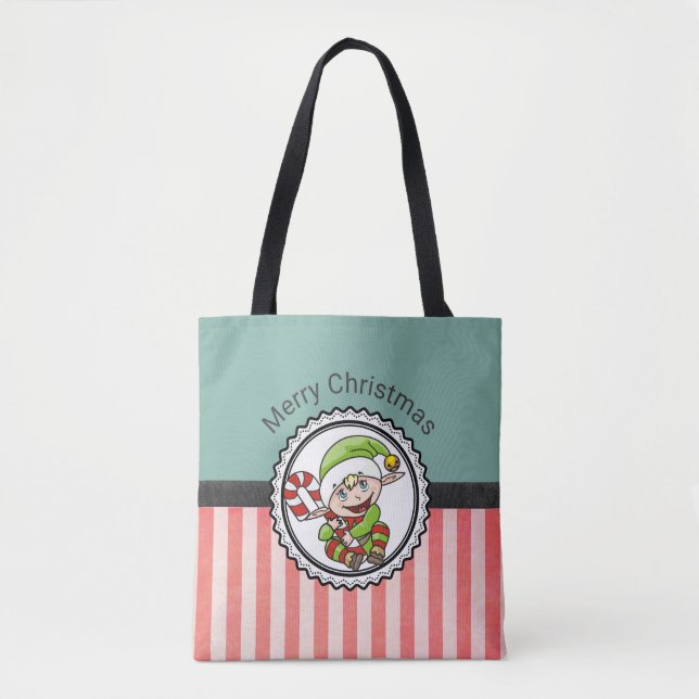 Niedlicher Festelf mit Candy Cane Frohe Weihnachte Tasche (Vorderseite)