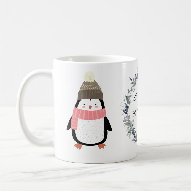 Niedlicher Festkranz und Pinguin personalisiert Kaffeetasse (Links)