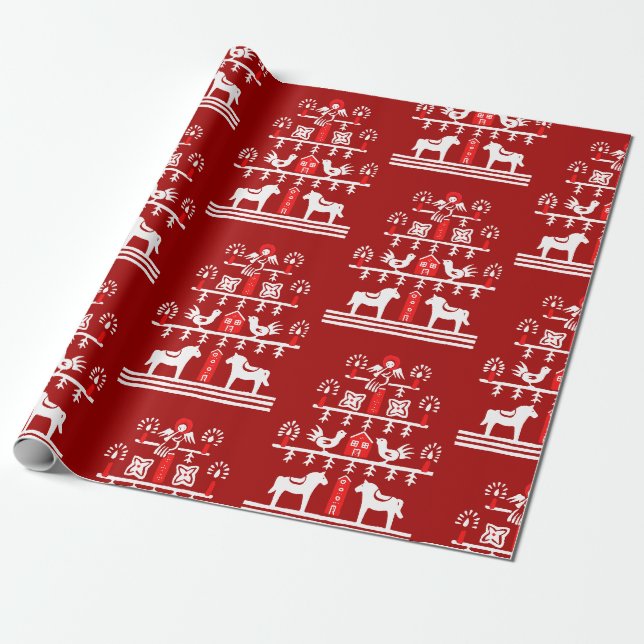 Niedlicher festlicher Skandi Roter Weihnachtsbaum Geschenkpapier (Ungerollt)