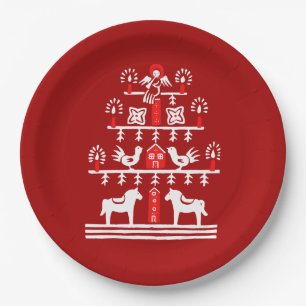 Niedlicher festlicher Skandi Roter Weihnachtsbaum Pappteller