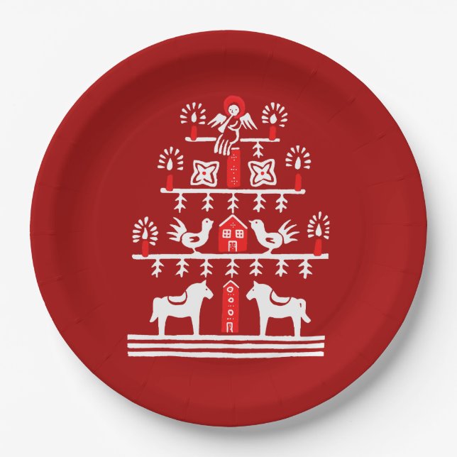 Niedlicher festlicher Skandi Roter Weihnachtsbaum Pappteller (Vorderseite)
