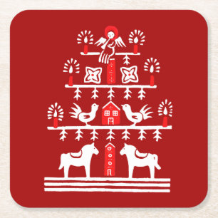 Niedlicher festlicher Skandi Roter Weihnachtsbaum Rechteckiger Pappuntersetzer