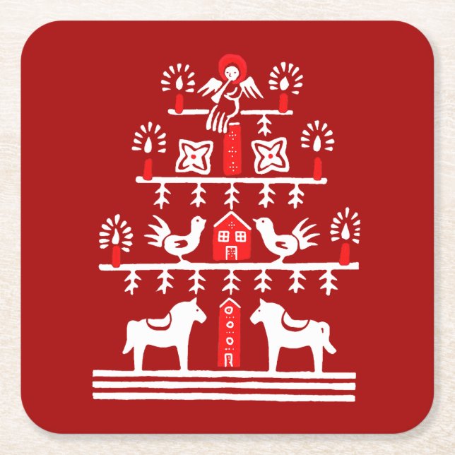 Niedlicher festlicher Skandi Roter Weihnachtsbaum Rechteckiger Pappuntersetzer (Vorderseite)