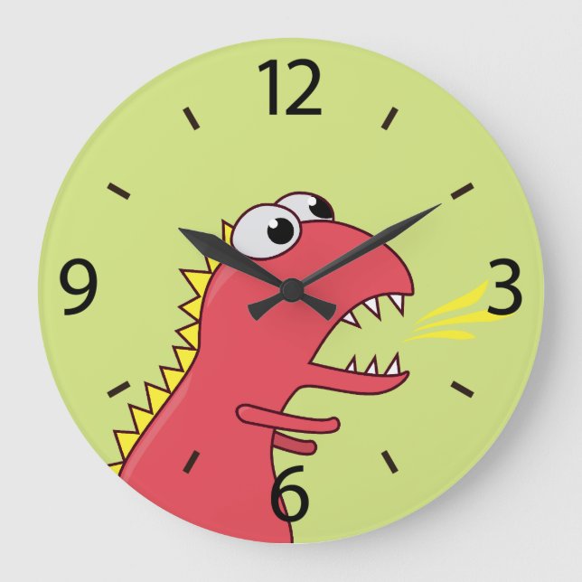 Niedlicher Feueratmer Cartoon T-Rex Dinosaurier Ki Große Wanduhr (Vorderseite)
