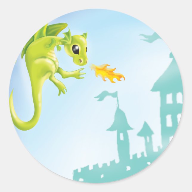 niedlicher Feuerdrache und Burgszene Runder Aufkleber (Vorderseite)