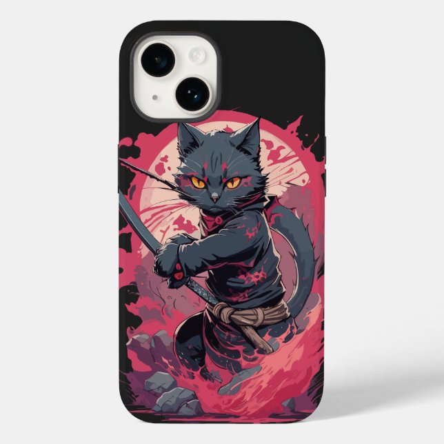 Niedlicher Feuerschlag Schwarzer Ninja Katzenkämpf Case-Mate iPhone 14 Hülle (Rückseite)