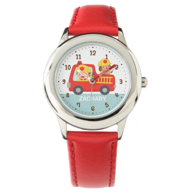 Niedlicher Feuerwehrmann im Red Fire Truck für Kin Armbanduhr (Vorderseite)