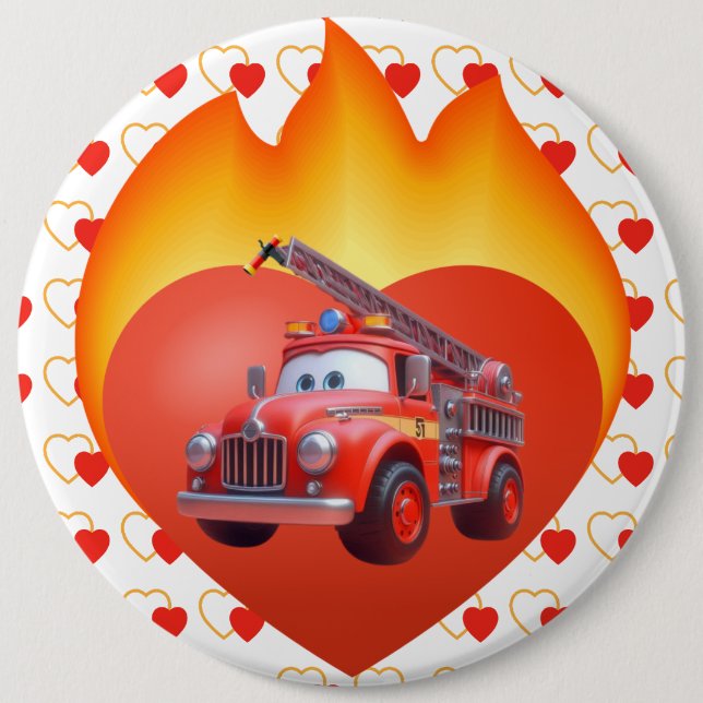 Niedlicher Feuerwehrwagen Valentinstag Button (Vorderseite)