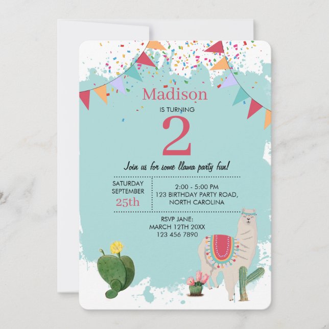 Niedlicher Fiesta Llama & Cactus Children's Birthd Einladung (Vorderseite)