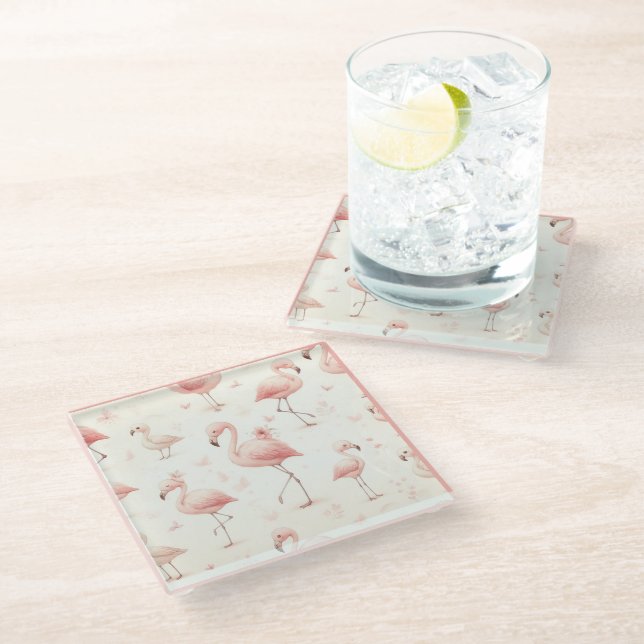 Niedlicher Flamingo Flock Glasuntersetzer (Schrägansicht)