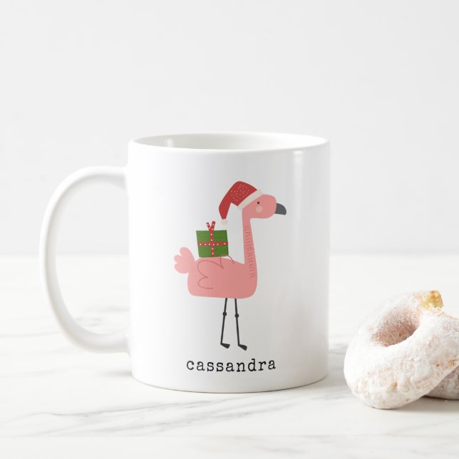 Niedlicher Flamingo Illustration Individuelle Name Kaffeetasse (Mit Donut)