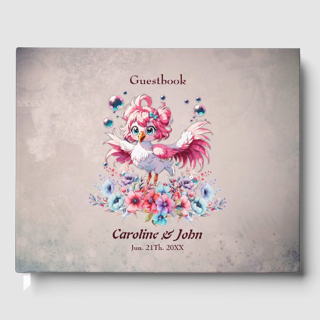 Niedlicher Flamingo im Stil des Cartoon, Gästebuch (Vorderseite)