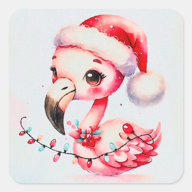 Niedlicher Flamingo Wrapod in Weihnachtsbeleuchtun Quadratischer Aufkleber (Vorderseite)