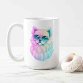 Niedlicher flauschiger Hund ​ in einer Sonnenbrill Kaffeetasse