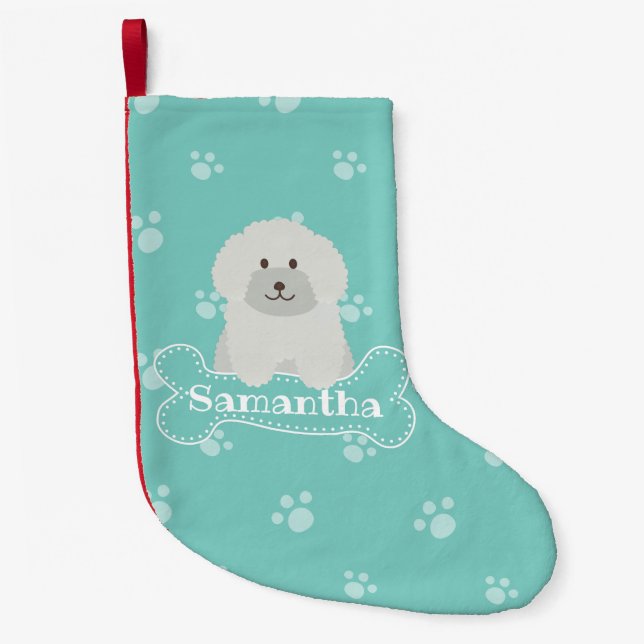 Niedlicher, flauschiger weißer Puppenhund Lover Mo Kleiner Weihnachtsstrumpf (Vorderseite)