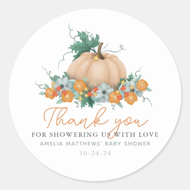Niedlicher Floral Pumpkin Fall Danke Baby Dusche Runder Aufkleber (Vorderseite)