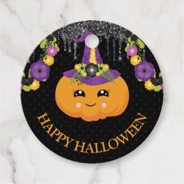 Niedlicher Floral Pumpkin und Glitzer Halloween Geschenkanhänger