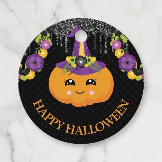 Niedlicher Floral Pumpkin und Glitzer Halloween Geschenkanhänger (Vorderseite)