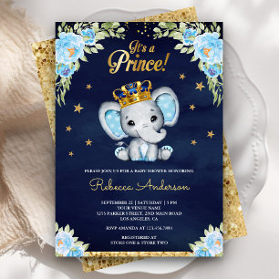 Niedlicher floraler Prinz-Elefant Navy-Blau Baby S Einladung