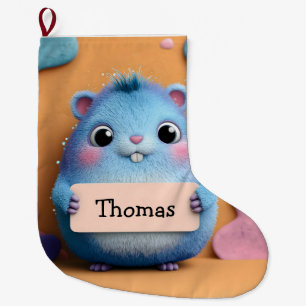 Niedlicher Fluffy Blue Hamster mit Namensschild Großer Weihnachtsstrumpf