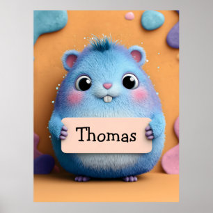 Niedlicher Fluffy Blue Hamster mit Namensschild Poster