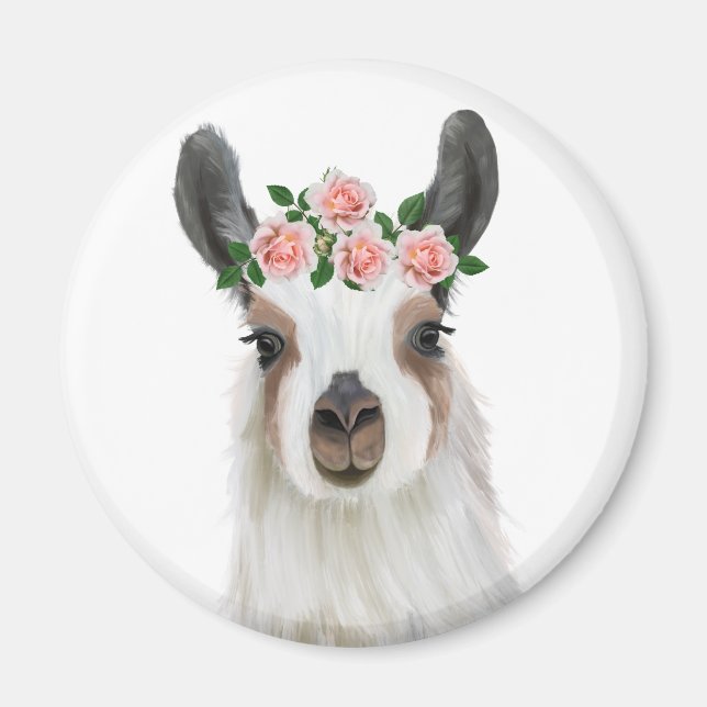 Niedlicher Fluffy Llama mit Rose Blume Kronleuchte Magnet (Vorne)