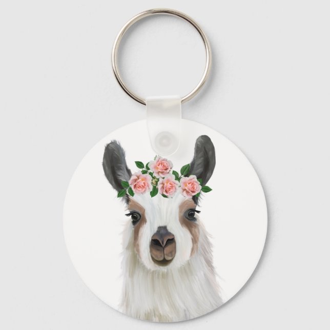 Niedlicher Fluffy Llama mit Rose Blume Kronleuchte Schlüsselanhänger (Rückseite)