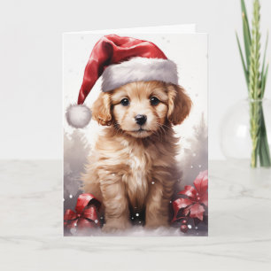 Niedlicher Fluffy Welpe in der Weihnachtsmannmütze Karte