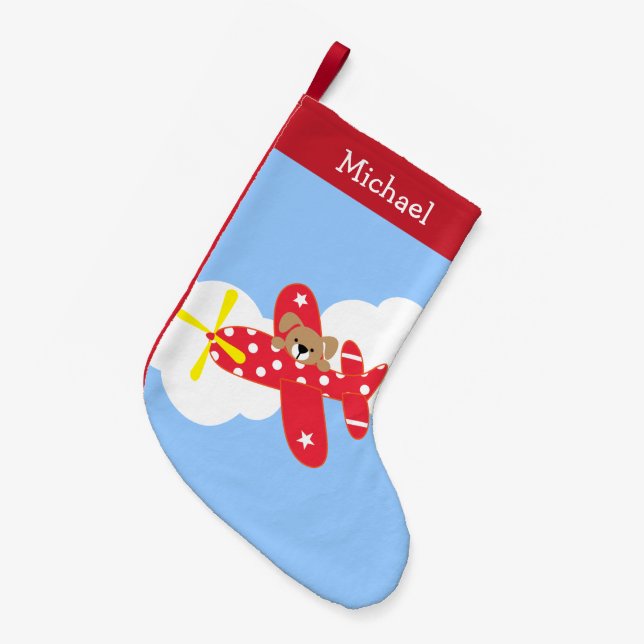 Niedlicher Flugzeug Welpe Personalisiert Kleiner Weihnachtsstrumpf (Vorderansicht (hängend))