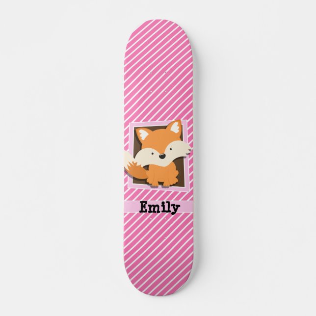 Niedlicher Fox auf rosa und weiße Streifen Skateboard (Vorne)