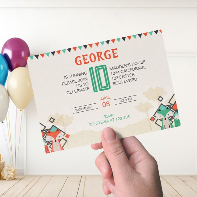 Niedlicher Fox Geburtstag Einladung (Colorful Geometric Shapes Cute Fox Birthday Invitation)