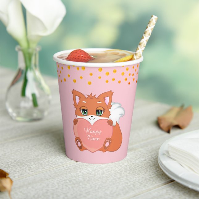 Niedlicher Fox & Golden Confetti in Rosa Pappbecher (In Situ)