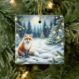 Niedlicher Fox in einem verzauberten Waldweihnacht Keramikornament