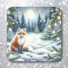 Niedlicher Fox in einem verzauberten Waldweihnacht Quadratischer Aufkleber