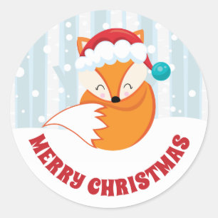 Niedlicher Fox in Weihnachtsmannmütze in Snowy Woo Runder Aufkleber