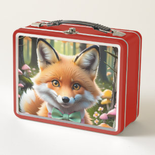 Niedlicher Fox mit einem grünen und rosa Bug Metall Brotdose