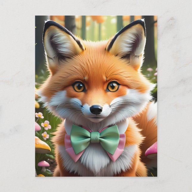 Niedlicher Fox mit einem grünen und rosa Bug Postkarte (Vorderseite)