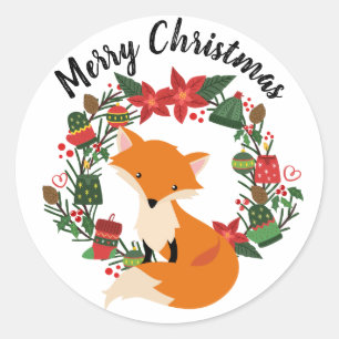 Niedlicher Fox mit Weihnachtskranz Runder Aufkleber