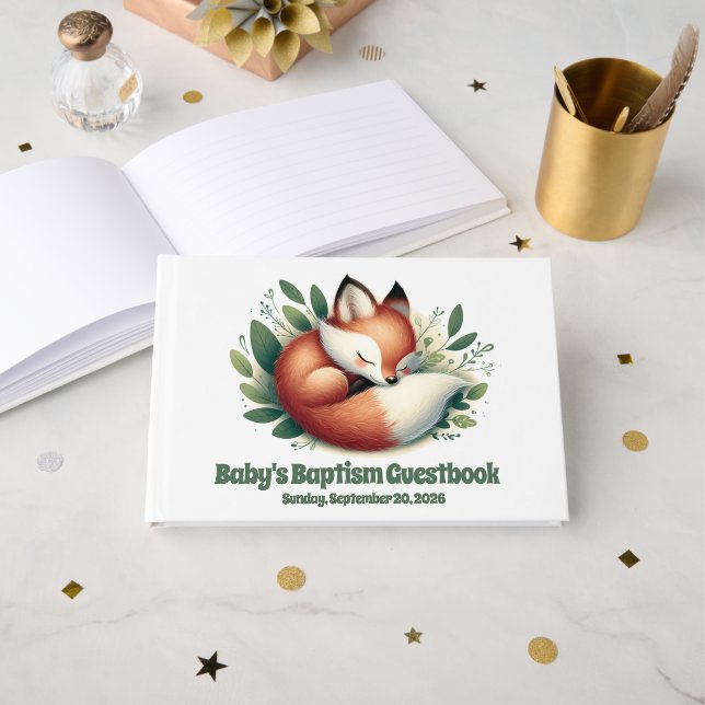 Niedlicher Fox-Schlaf in Blätter Baby-Taufe Gästebuch (Vorderseite Offen)