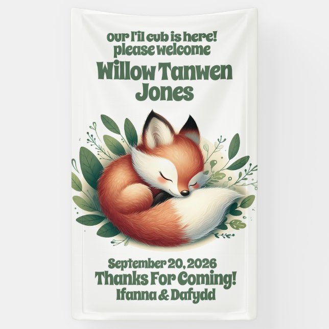 Niedlicher Fox-Schlaf in Blätter Babydusche Willko Banner (Vertikal)