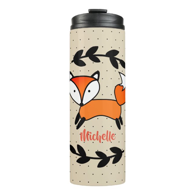Niedlicher Fox u. schwarze Lorbeer-Polka Thermosbecher (Vorderseite)
