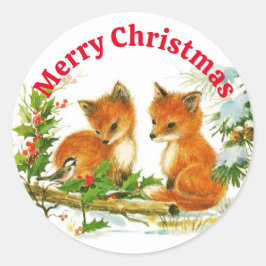 Niedlicher Fox und Chickadee im Schnee Weihnachten Runder Aufkleber