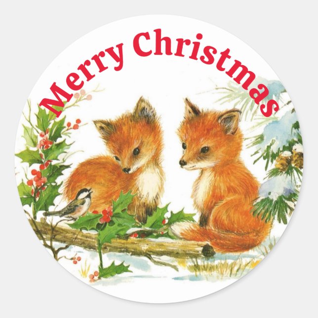 Niedlicher Fox und Chickadee im Schnee Weihnachten Runder Aufkleber (Vorderseite)