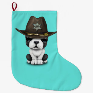 Niedlicher französische Bulldoggen-Welpen-Sheriff Großer Weihnachtsstrumpf